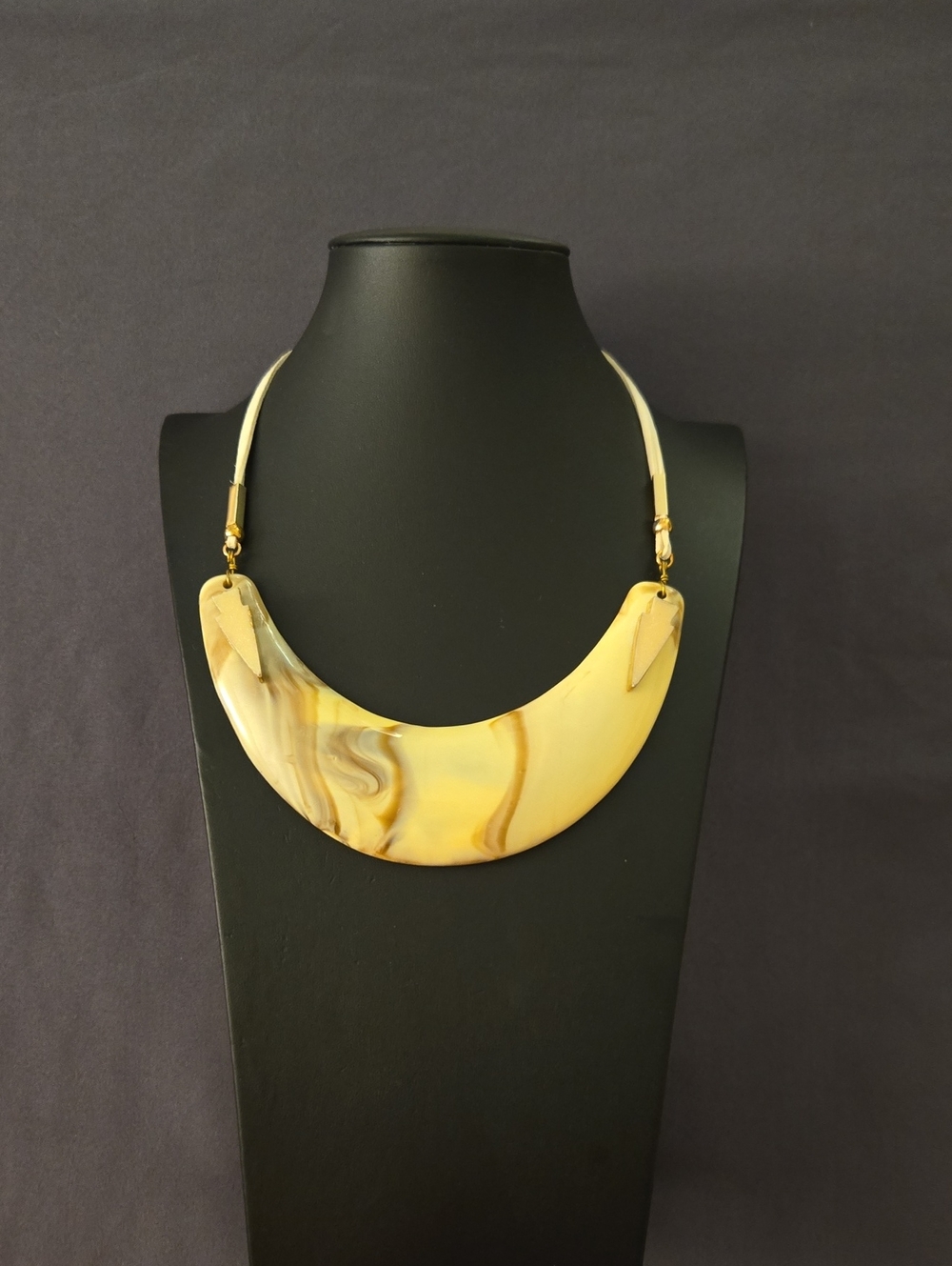 Cream Marbled Crescent Pendant Necklace with Gold-Tone Accents